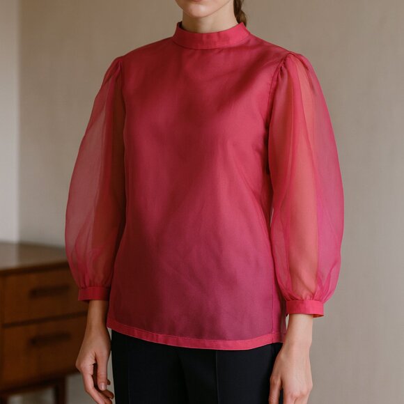 Pink Organza Semi Sheer Puff Sleeve CeCe Top Sz S - Picture 1 of 9